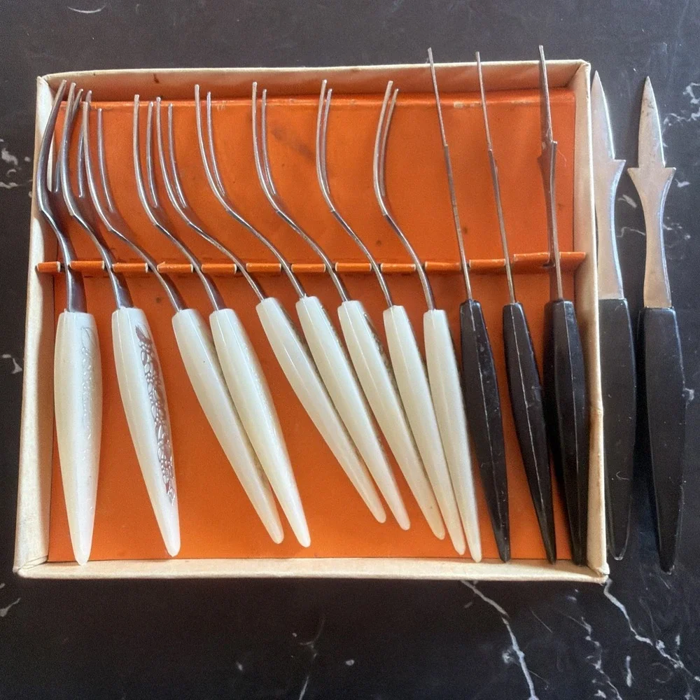 Vintage Little Forks Mid Century Stainless Steel Hor d'oeuvre 9 Forks 5 Skewers